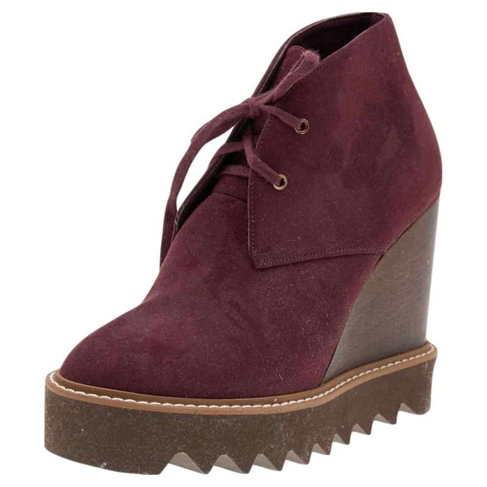 Stella McCartney Burgundy Faux Suede Lace Up Wedge Boots Size 37
